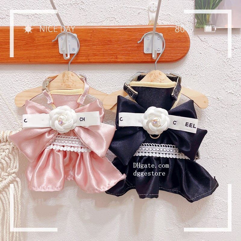 free shipping Designer Clothes Dog Harness Leash Set Puppy Cats Cute Floral Bowknot Princess Birthday Dress for Small Pet Dogs Kitten Outfits Apparel 