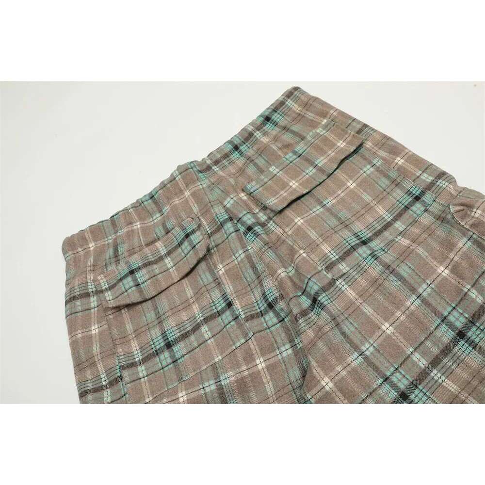 Pleated Plaid Cargo Pants Mens Pocket Hip Hop Streetwear Drawstring Elastic Waist Wide Leg Trousers Men