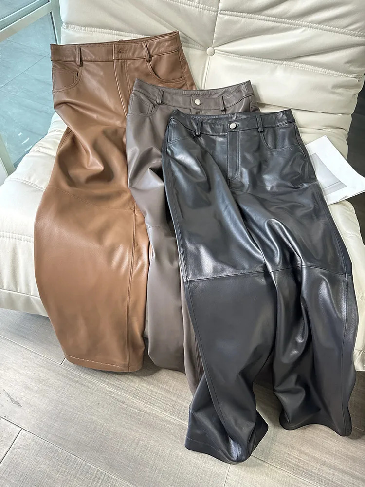 Womens high waisted sheepskin pants straight loose thin genuine leather wide legs spring autumn 250407