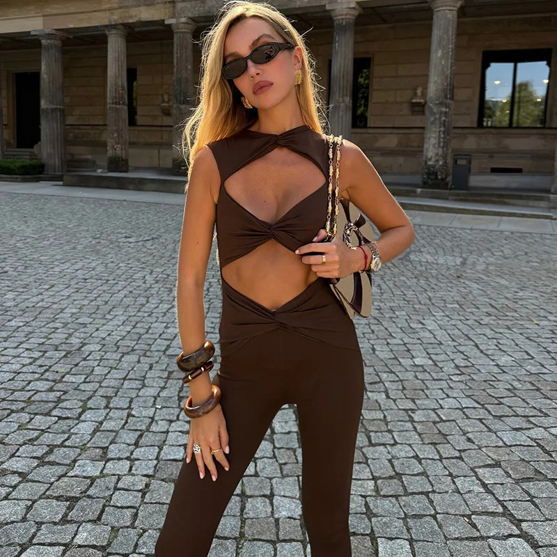 DRC Brown Solid Sport Women Pencil Summer Jumpsuits Elegant Sleeveless Tangle Up Hollow Out High Waist Female Street Playsuit 250407