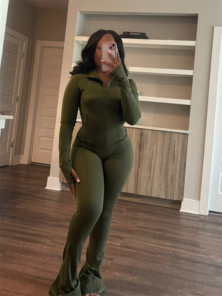Autumn And Winter Long Sleeves Zipper Crop top Suits Tracksuits Womens Suits Fashion Pants Female Soild 2 Piece Sets 250407