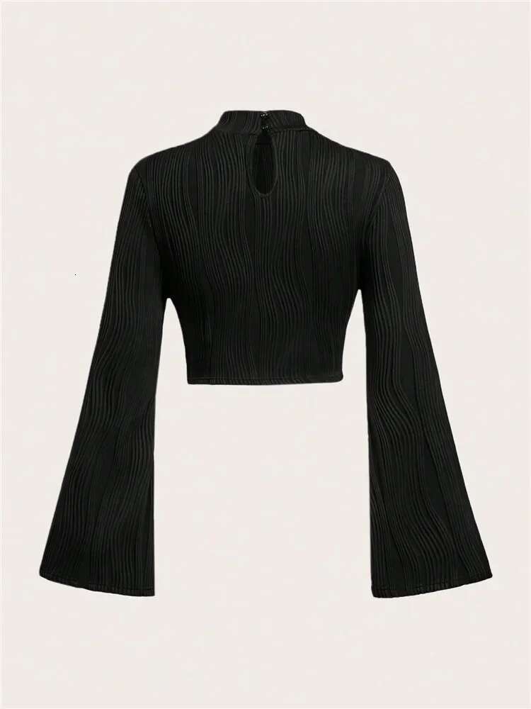 Casual Black Mock Neck Flare Long Sleeve Crop Top Women Fall Winter Y2k Clothes Solid Color Slim Fit Tee Shirt Blouse Streetwear