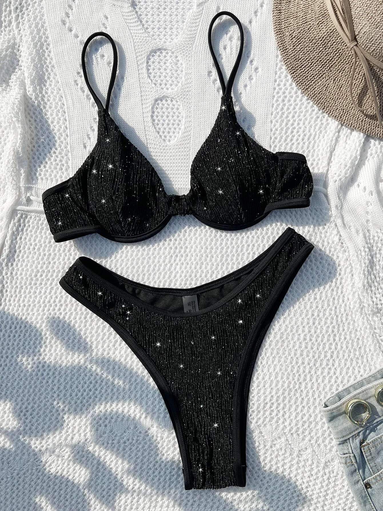 Dongdumaoyi Shiny Black Bikini Women Sequin Underwire Push Up Micro Swimwear Summer Bathing Suit Cut Out Thong Swimsuit Beach Outfits