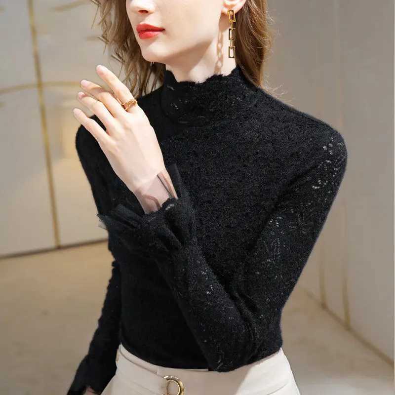 Temperament Ruffles Slim All-match Lace Bottoming Shirt Spring Autumn Korean Long Sleeve Elegant T Shirts Fashion Women Clothing C251110