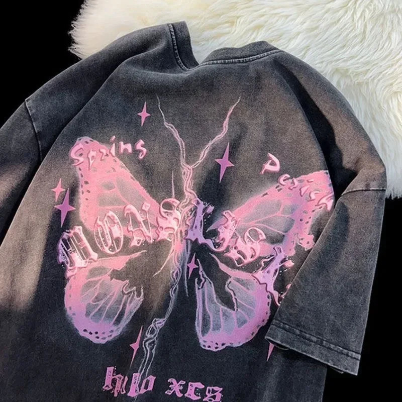American Retro Washed Denim Butterfly Printed Short-sleeved T-shirt for Men and Women Versatile Couple Plus Size Womens Top 250408