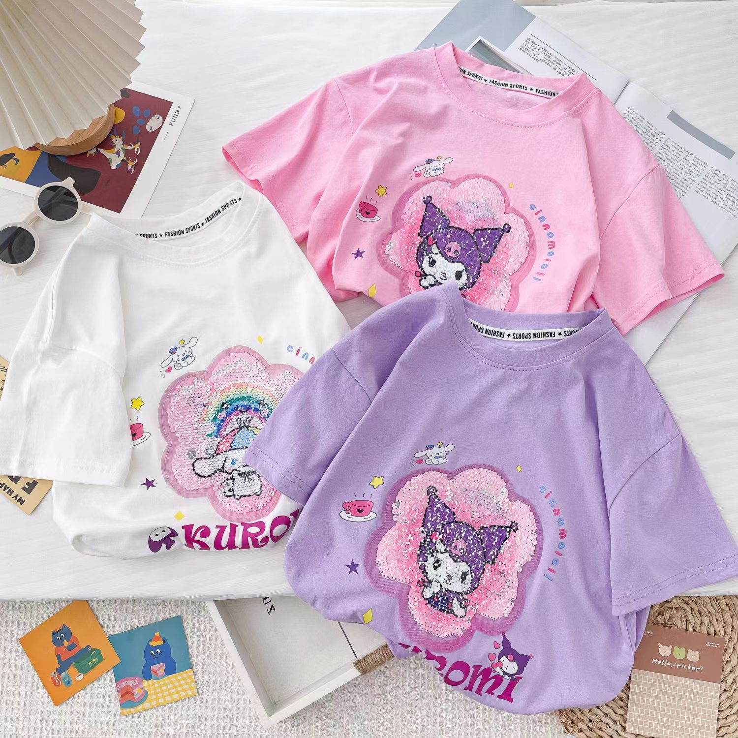 Ddmyshoesvip Short Sleeved Korean T Shirt Summer New Yugui Dog Color Change Kuromi Glitter Girls Internet Celebrity Top