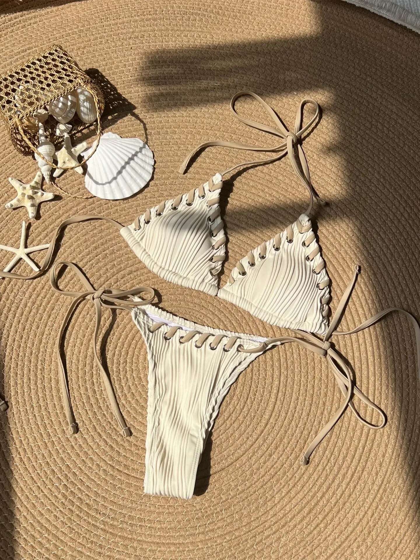 Dongdumaoyi Sexy Micro Bikini Women Beige Brown Pink Weave Bandage Cross Crochet Swimsuit Brazilian Beach Bathing Suit Thong Swimwear