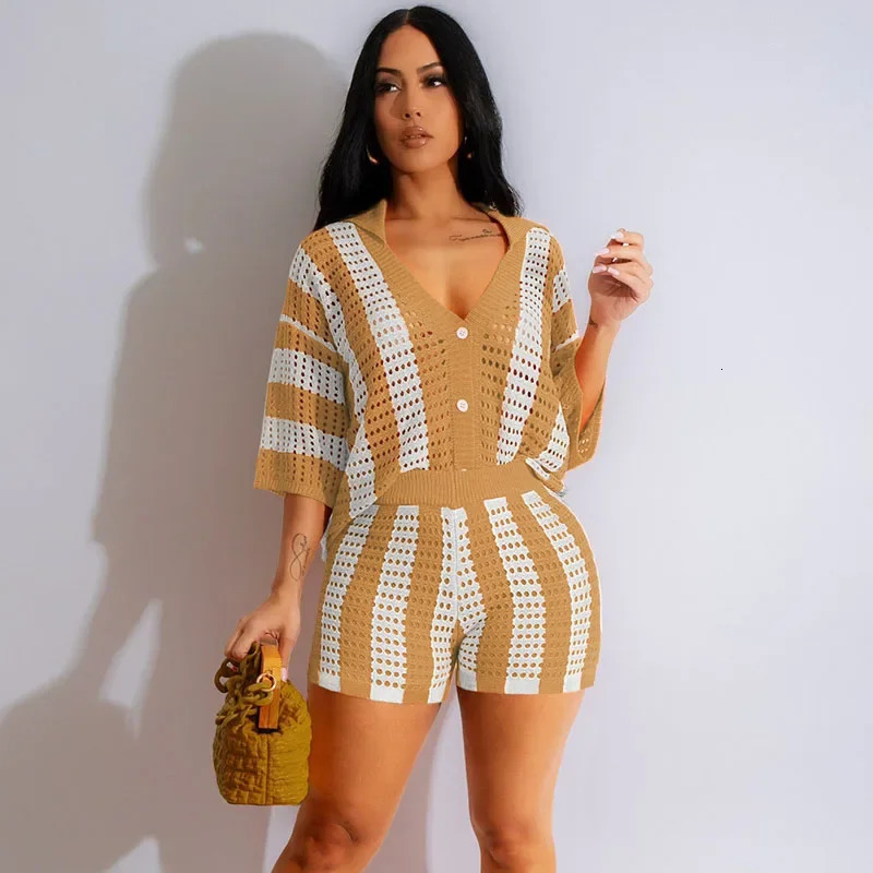 Striped Knitted 2-piece Womens Clothing Holiday Hollow Transparent Knitted Top and Shorts Beach Wear Vacation Set 250401