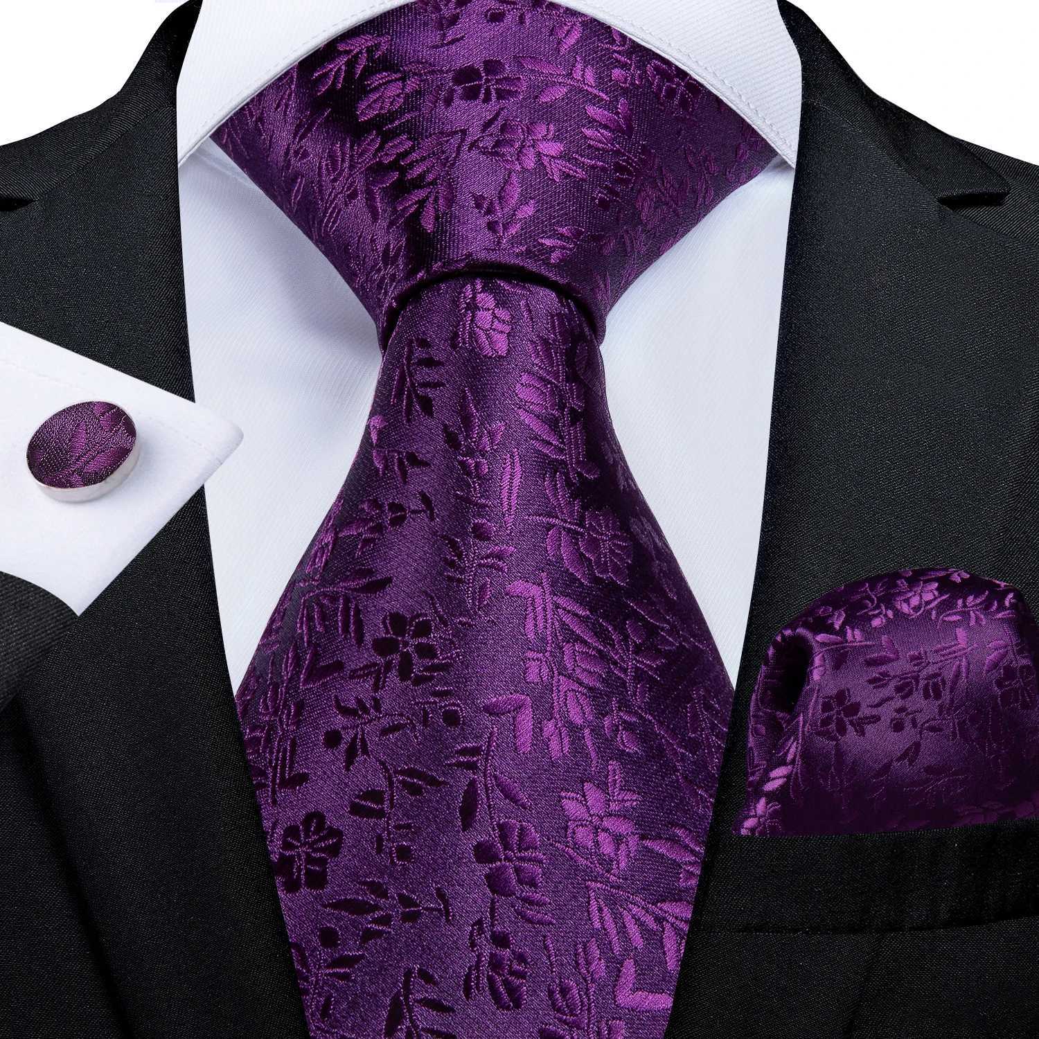 DiBanGu Ties For Men Purple Floral Paisley Necktie Business Formal 100% Silk Tie Pocket Square Set For Wedding Party Cravat X250407