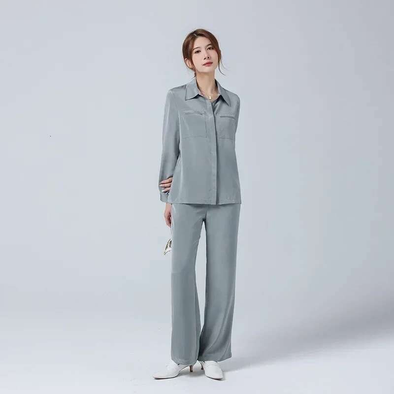 New Heavyweight Pants Set For Women's Simple Mulberry Silk Shirt Long Sleeved Two Piece Sets Womens Outifits