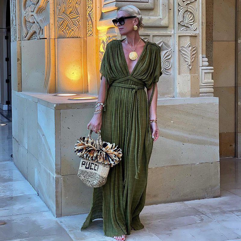 New bamboo cloth button waist rope long skirt cardigan vacation beach coat long skirt bikini womens dress