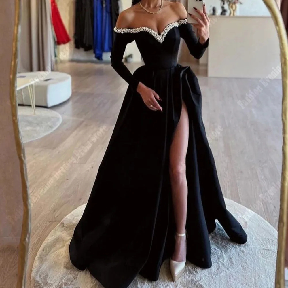 Long Prom Dresses Elegant Black Long Sleeve Deep V-Neck Off-the-Shoulder Beading Split Satin A-Line Plus Size Formal Occasion Evening Party Gown Pd11