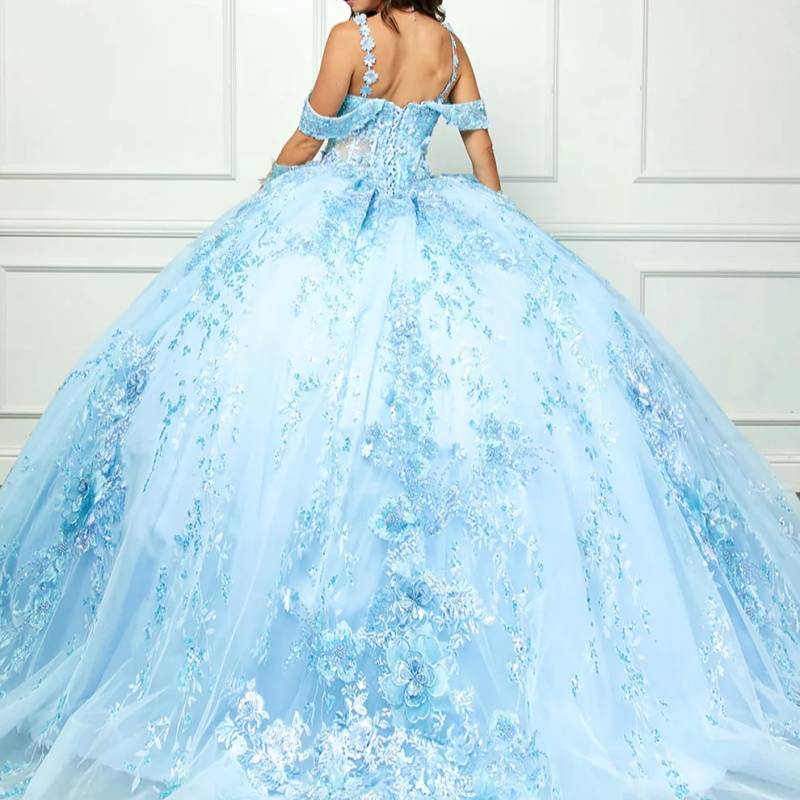 Sky Blue Quinceanera Dresses Off Shoulder Ball Gown Sweet 16 Dress Applique Lace Beads Tull Birthday Party Vestidos 15 De Anos