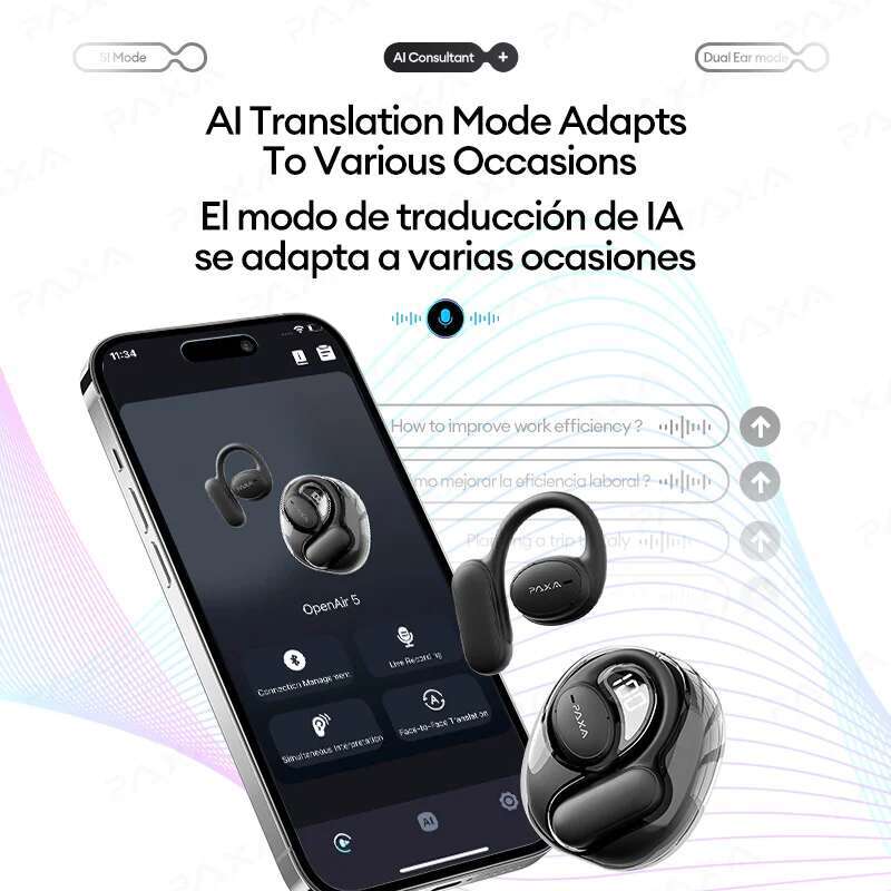 PAXA Openair5 Smart Wireless Bluetooth Touch Earphones 5.4 Hi-Fi stereo music Gaming Earbuds HD Call AI Translation Headset