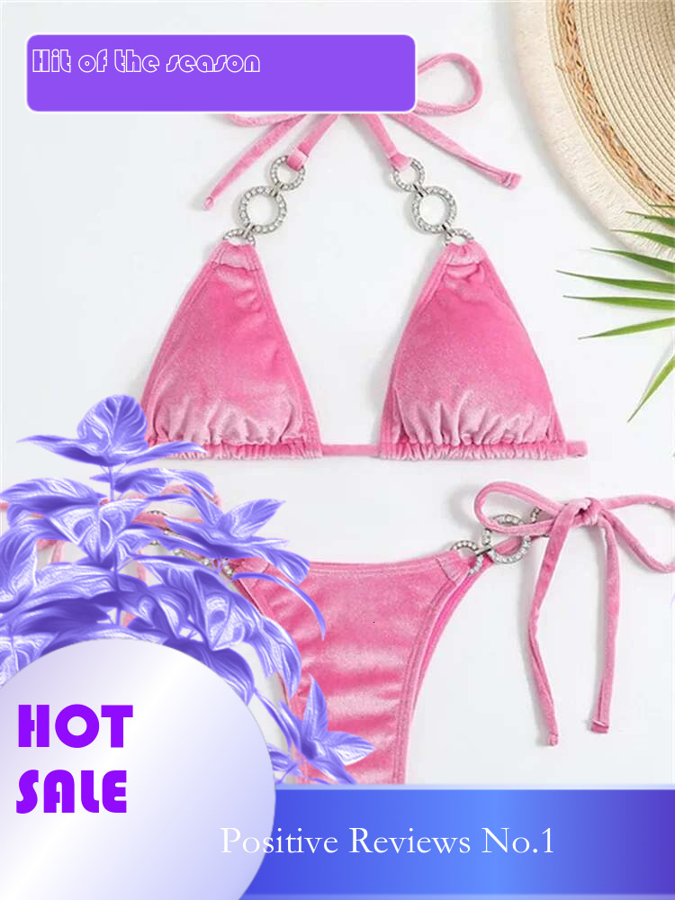 Dongdumaoyi Sexy Triangle Bikinis Set Women Solid Pink Criss Cross Velvet Swimsuit Luxury Rhinestone Bathing Suit Metal Swimwear Y K