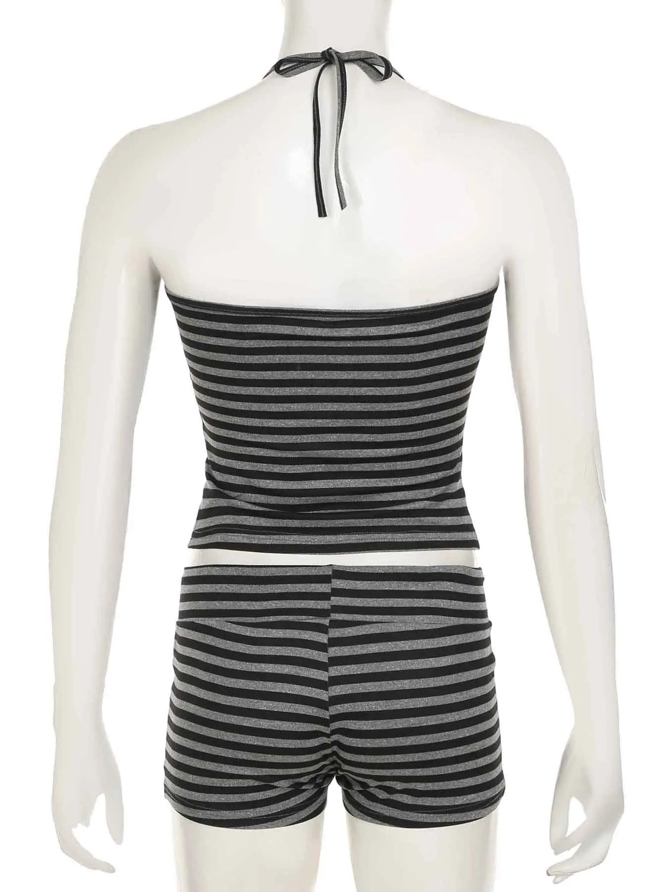 IAMSURE Casual Striped Shorts Set Women Y2K Slim 2 Piece Sets Housewear Backless Bandage Halter Top Low-Waisted Shorts Lady 250407