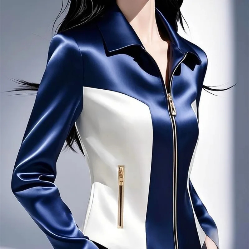 This years spliced colorful satin womens jacket early spring highend fashion ultrathin zipper top 250407