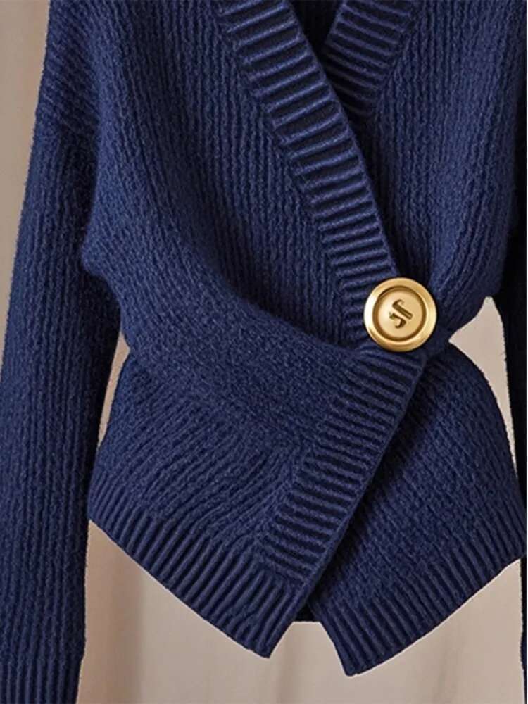 Navy Blue Irregular V-Neck Sweater For Autumn And Winter Women's Clothing 2024 New Collection Cool Style High-End Slim Fit Top