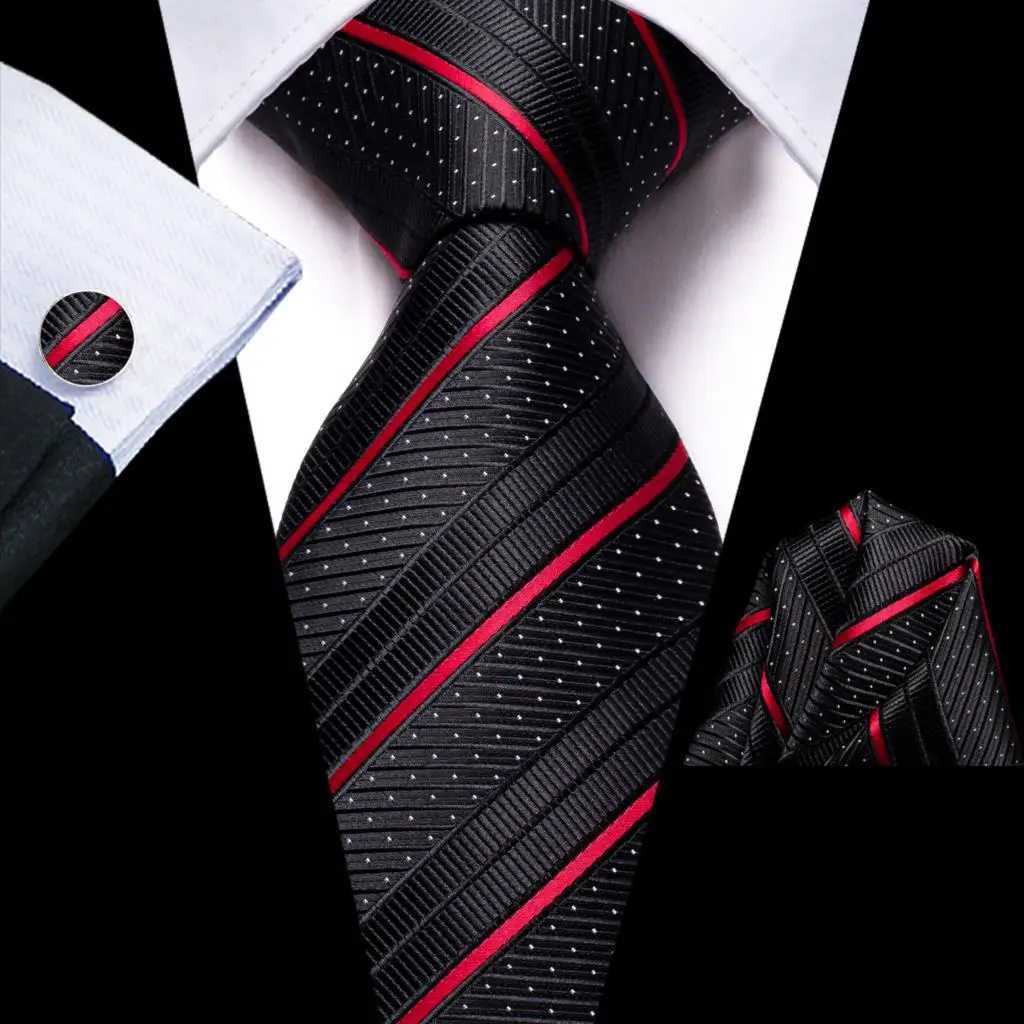 Black Red Striped Silk Wedding Tie For Men Handky Cufflink Gift Men Necktie Fashion Business Party Dropshiping Hi-Tie Designer X250407