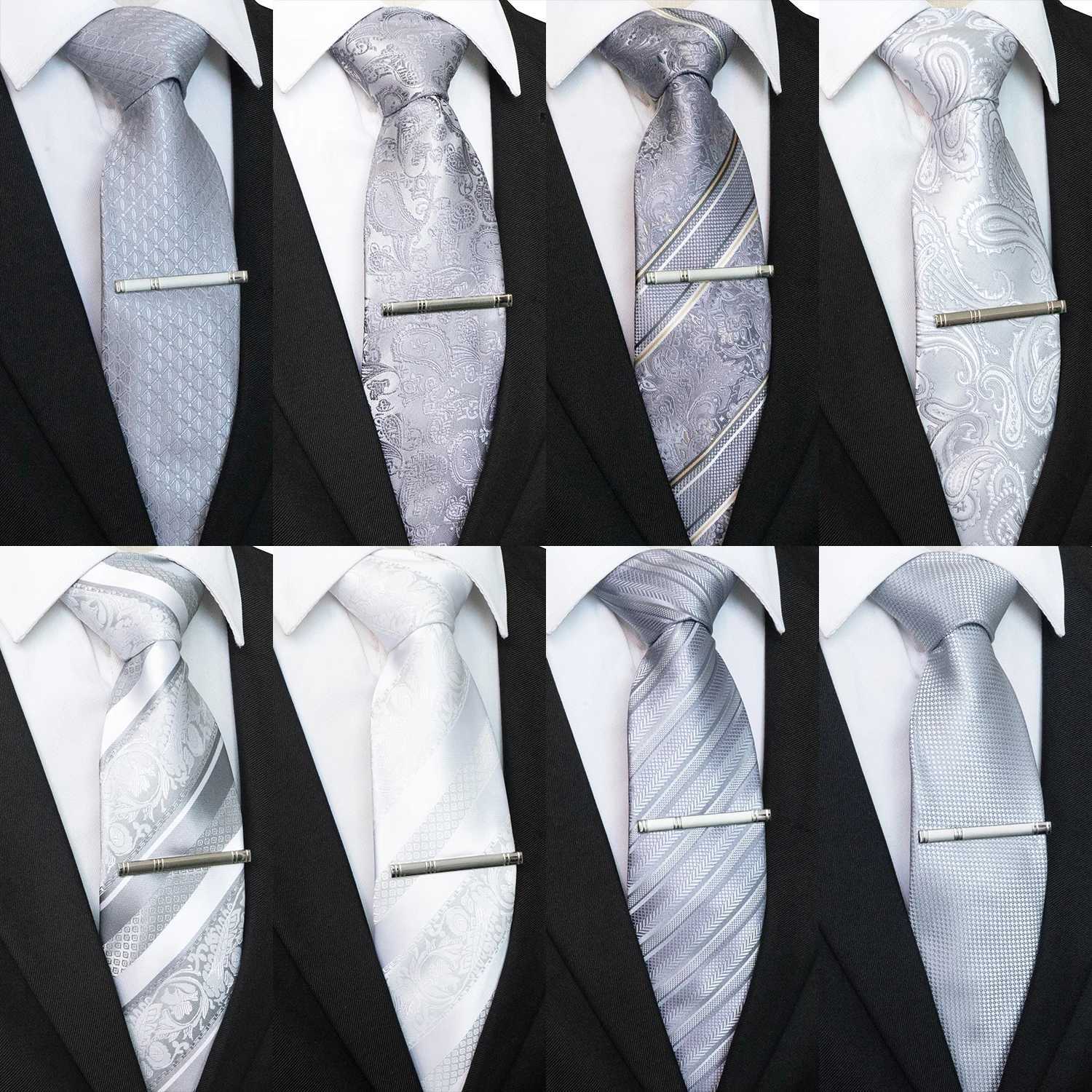 JEMYGINS White Gray Sliver Mens Ties Hanky Cufflinks Tie clip Set 8cm Silk Neck ties For Men Wedding Party Business Gift X250407