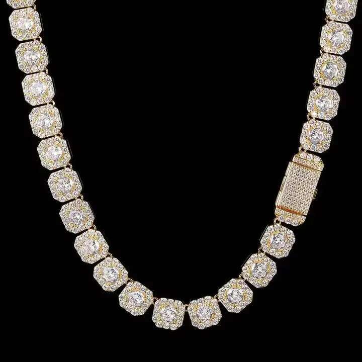 Moissanite Chain Hiphop 10mm Cluster Tennis Chain 925 Sterling Silver Iced Out VVS Moissanite Tennis Chain