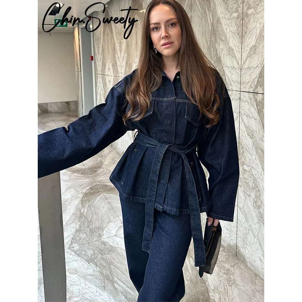 Vintage Belt Denim Jacket Pants Set Women Lapel Single Breasted Jackets High Waist Straight Pant 2025 Spring Lady New Outfit