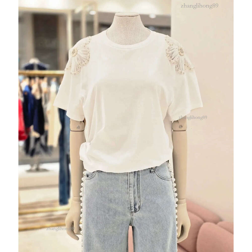 Women's Round Neck White Tshirt Shoulder Beading Diamond Flower Decoration T-Shirt Simple Lady Short Sleeve Tee Top