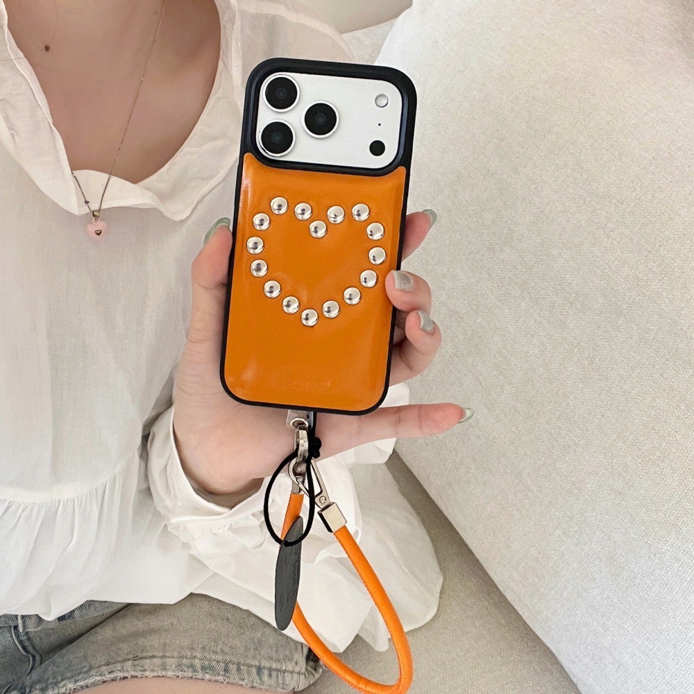 Orange Rivet Leather Phone Case Compatible with iPhone 17/16 Pro Simple Solid Color iPhone 15/14 Shockproof