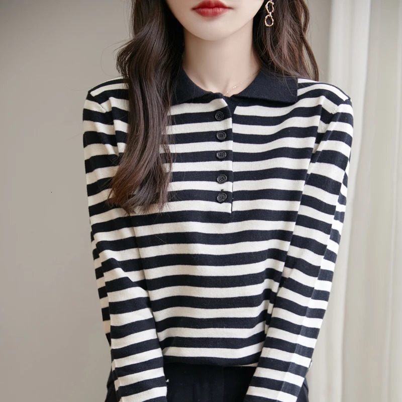 Fashion Lapel Button Spliced Striped Polo Shirts Female Clothing Autumn Winter Loose Korean Tops Casual Tee Shirt 250408