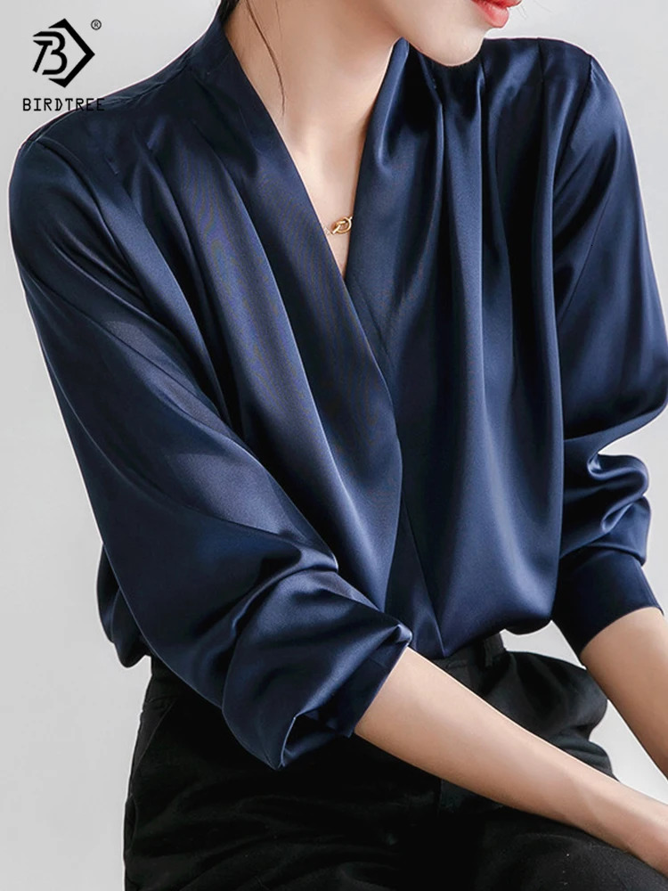 Spring Womens Elegant Satin Shirt Lantern Sleeve V-neck Office Navy Blue Shirt Retro Autumn Casual Top T24401X 250402