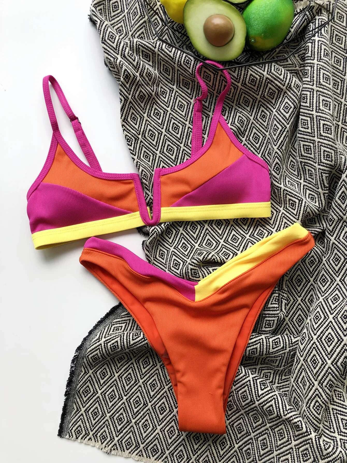 Dongdumaoyi Sexy Orange Patchwork Bikini Set Women V Neck Bra Thong Swimsuit Summer Bathing Suit Striped Micro Swimwear Traje De Ba O