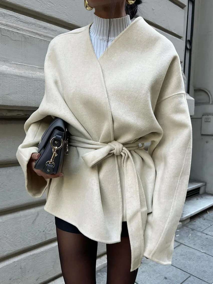 Fashion Solid Lace Up Coat For Women Elegant V-Neck Long Sleeve Jacket 2024 Autumn Winter New Lady Street Outerwear Clothes