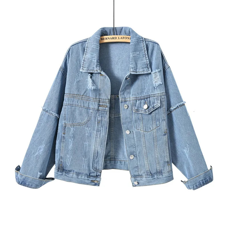 Denim jacket womens single chest blue hole lapel Y2k streetwear spring patchwork autumn 250407