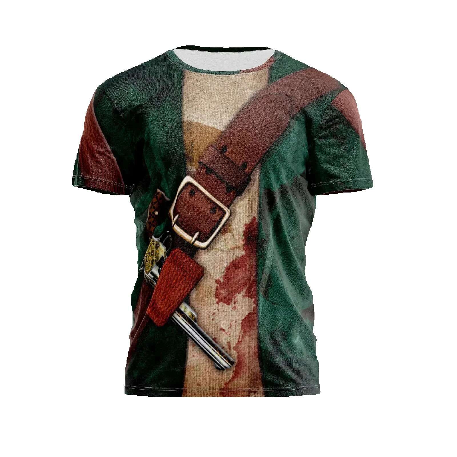 Men's 3D printed armor jacket, fun role-playing, hip-hop street personality, round neck, short sleeved, avant-garde cowboy warrior T-shirt