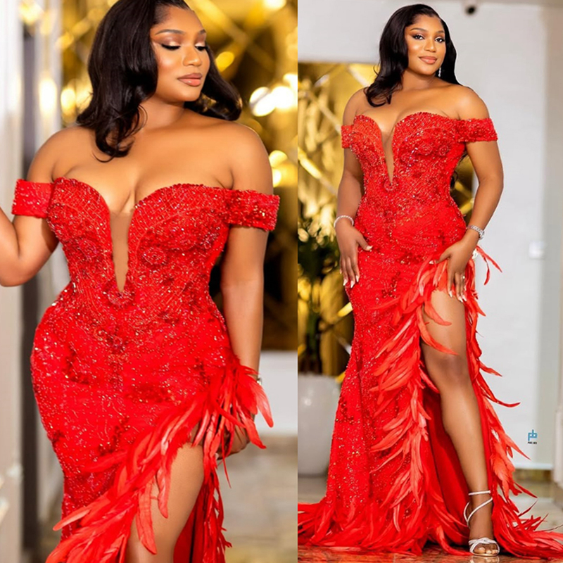 2025 Plus Size Red Prom Dress Mermaid Prom Dresses Evening Formal Gowns Off Shoulder Feather Side Split Beaded Lace Birthday Second Reception Gowns Fo