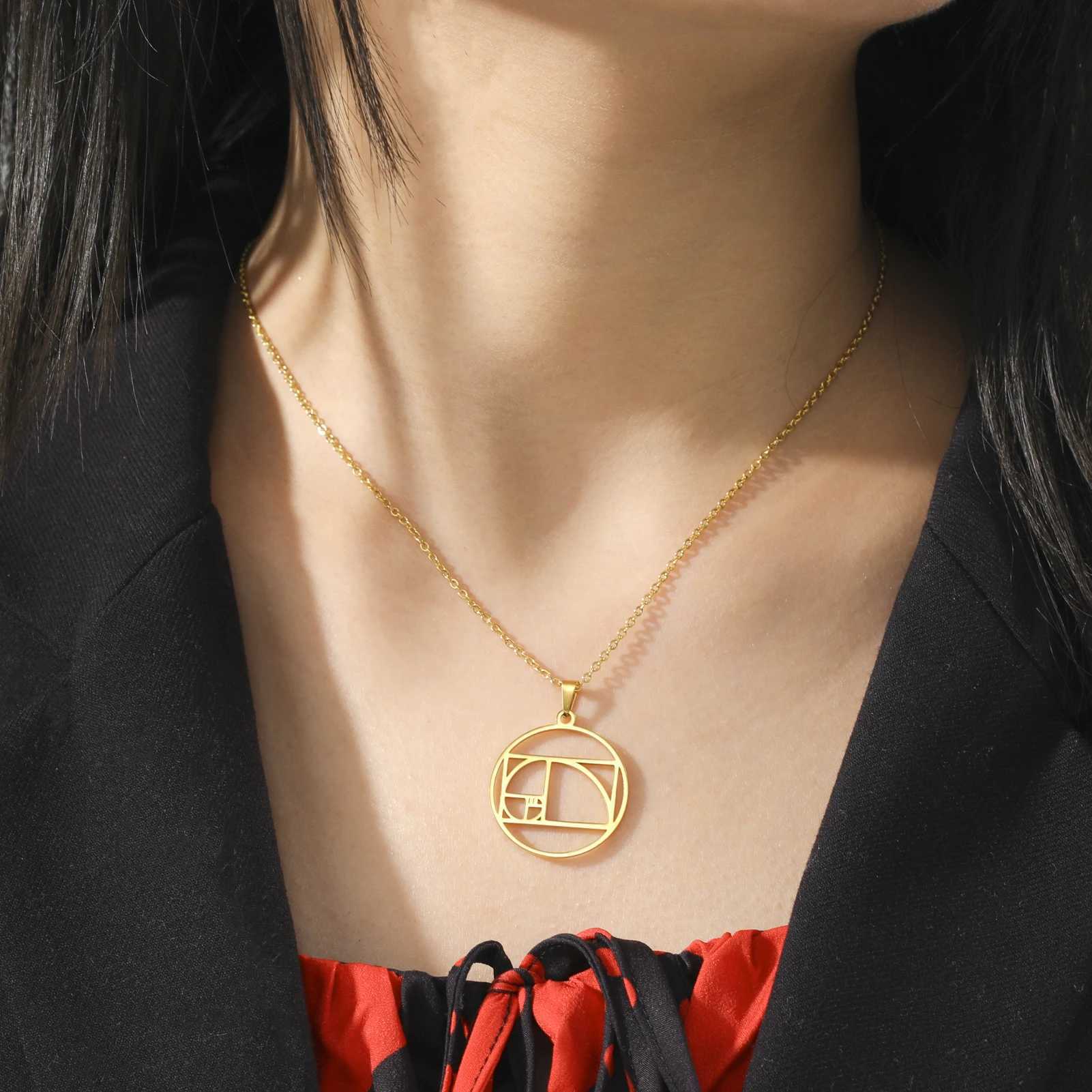 Geometry Circle Triangle Fibonacci Spiral Pendant Necklace Golden Ratio Hollow Stainless Steel Women Choker Necklace JewelryC250407