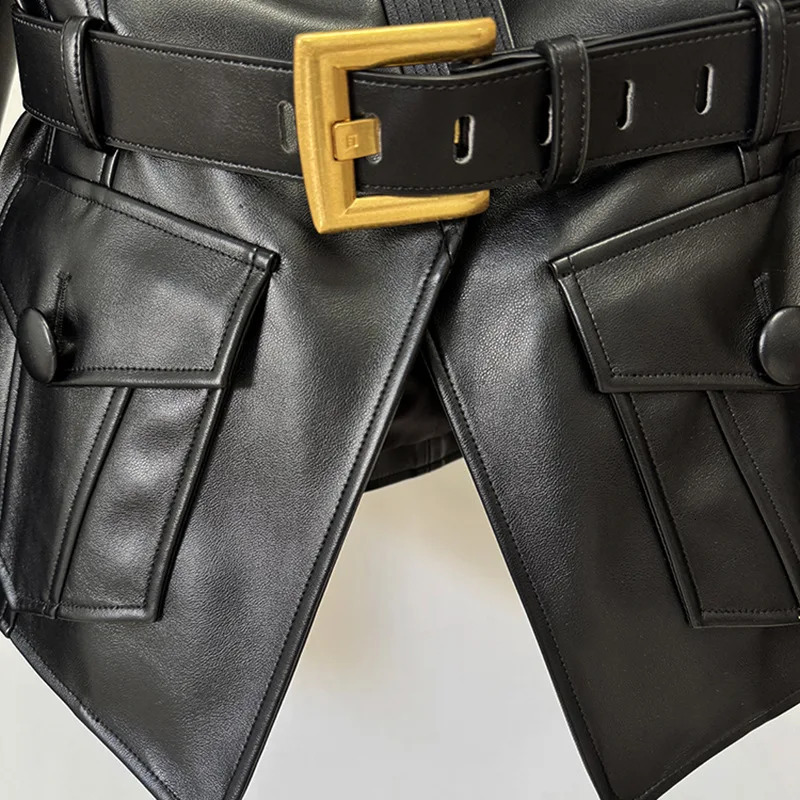 y and fashionable womens clothing belt slim fit leather jacket with multiple pockets motorcycle 251031 - view 5