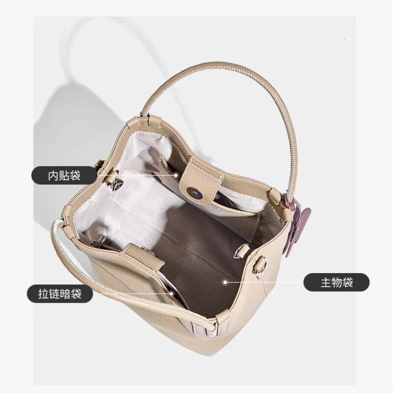 New Fashion Hit-Color Grey Small Bucket Basket Tote Shapeable Niche Cowhide Leather Women Handbag Ladies Crossbody Bag