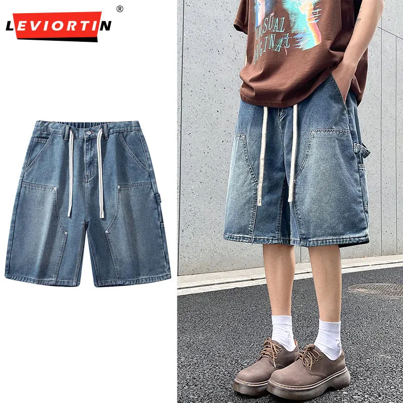Mens loose straight leg elastic waist mid length washed denim jeans shorts 250402