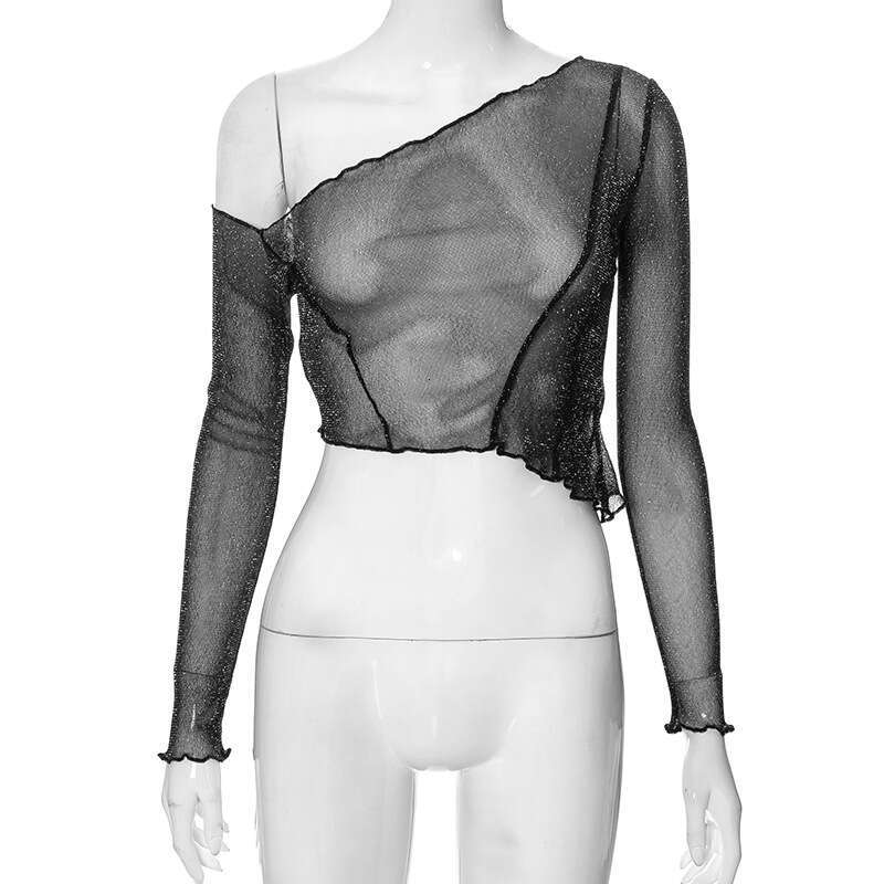 European and American women's autumn item clear color slanted shoulder long sleeved mesh transparent exposed navel spicy girl top 2025 new casual