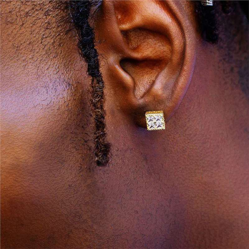 Delicate Square Cubic Zirconia Stud Earrings for Men 18K Real White Gold Plated White Crystal Earrings Luxury Hiphop Diamond Earring Party Birthday Ea