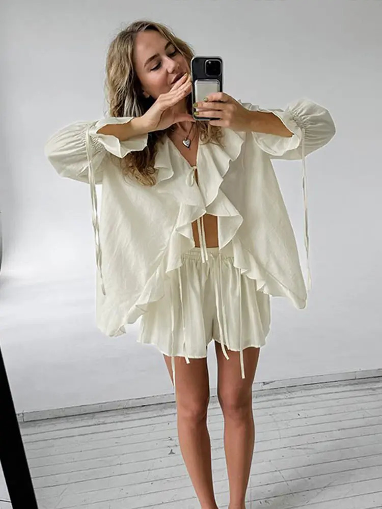 Casual Ruffles Shorts Set Women Hollow Out White V Neck Shirts Wide Leg Short Pants Spring Summer Lady Loose Outfits 250407
