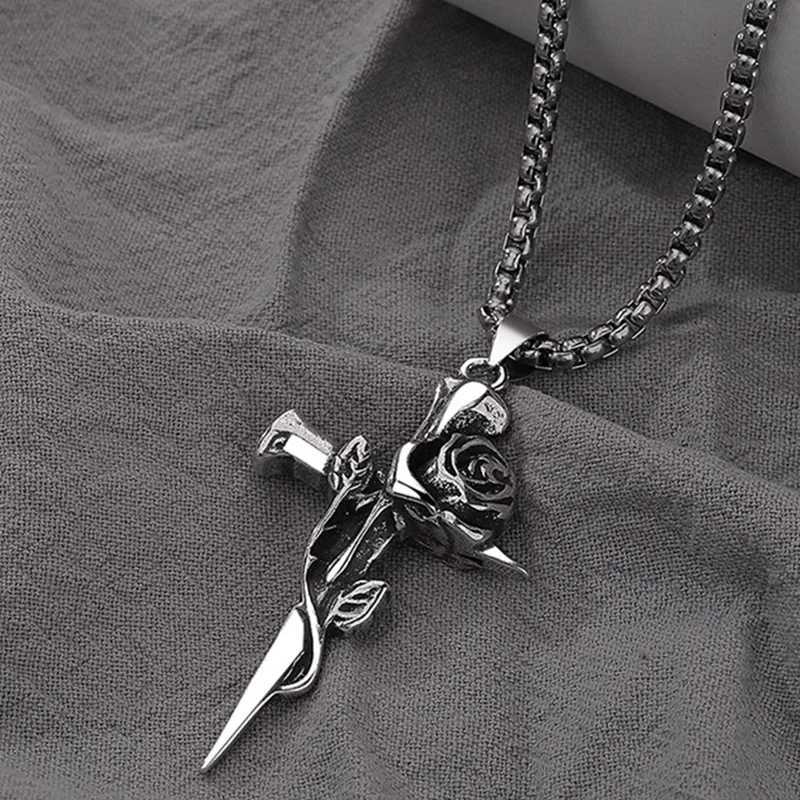 1Pcs Vintage Rose Cross Pendant Necklace For Women Men Stainless Steel Chain Punk Goth Trendy Accessories Choker Gothic JewelryC250407