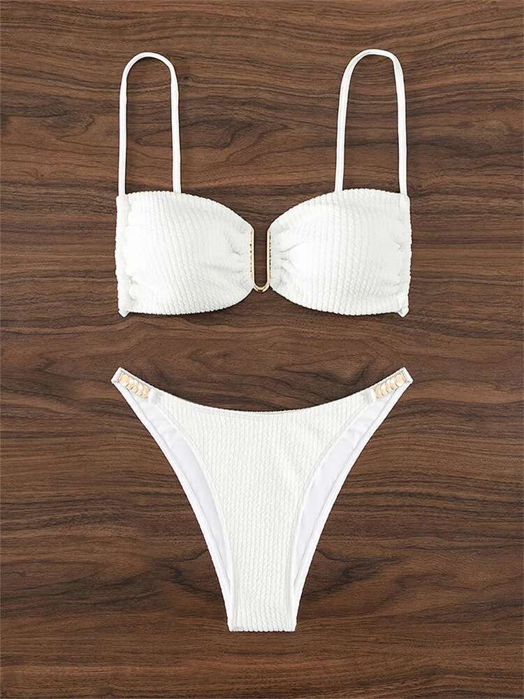 Dongdumaoyi Sexy U Neck Bikini Set Women Solid White Black Push Up Pleate Micro Swimsuit Brazilian Cut Out Bathing Suit Thong Swimwear