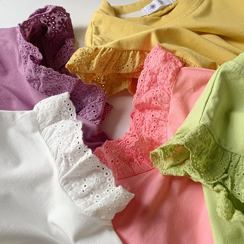 Girls T-shirts Summer Sweet Flying Sleeve Tops for Kids Lace Children Tees Cotton Toddler Blouse Baby Outfits Clothing 250408