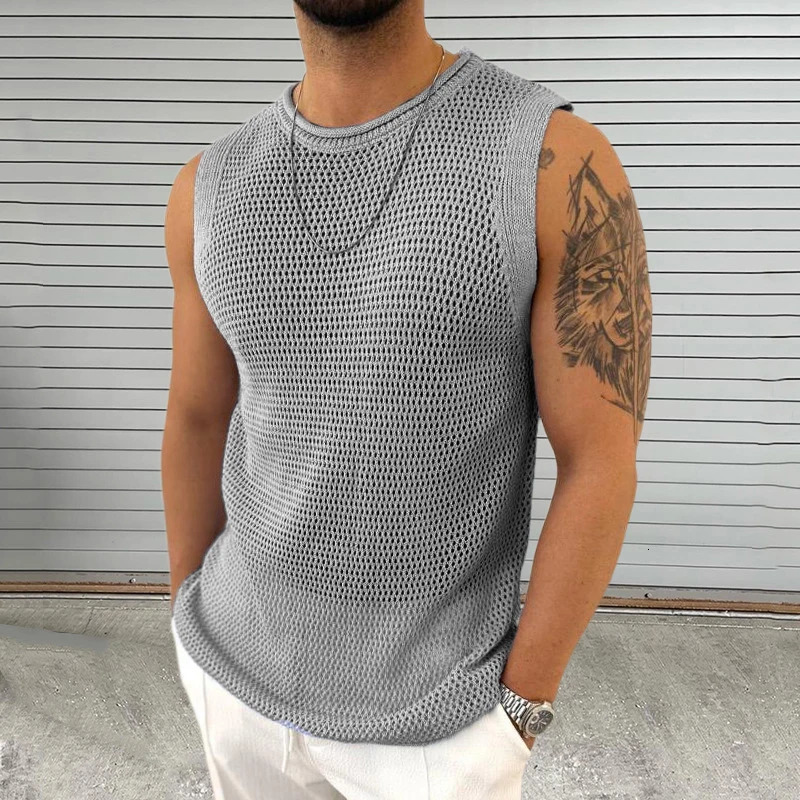 Casual solid color hollow mens knitted vest summer casual O-neck sleeveless mens fashionable ultra-thin knitted vest 250403
