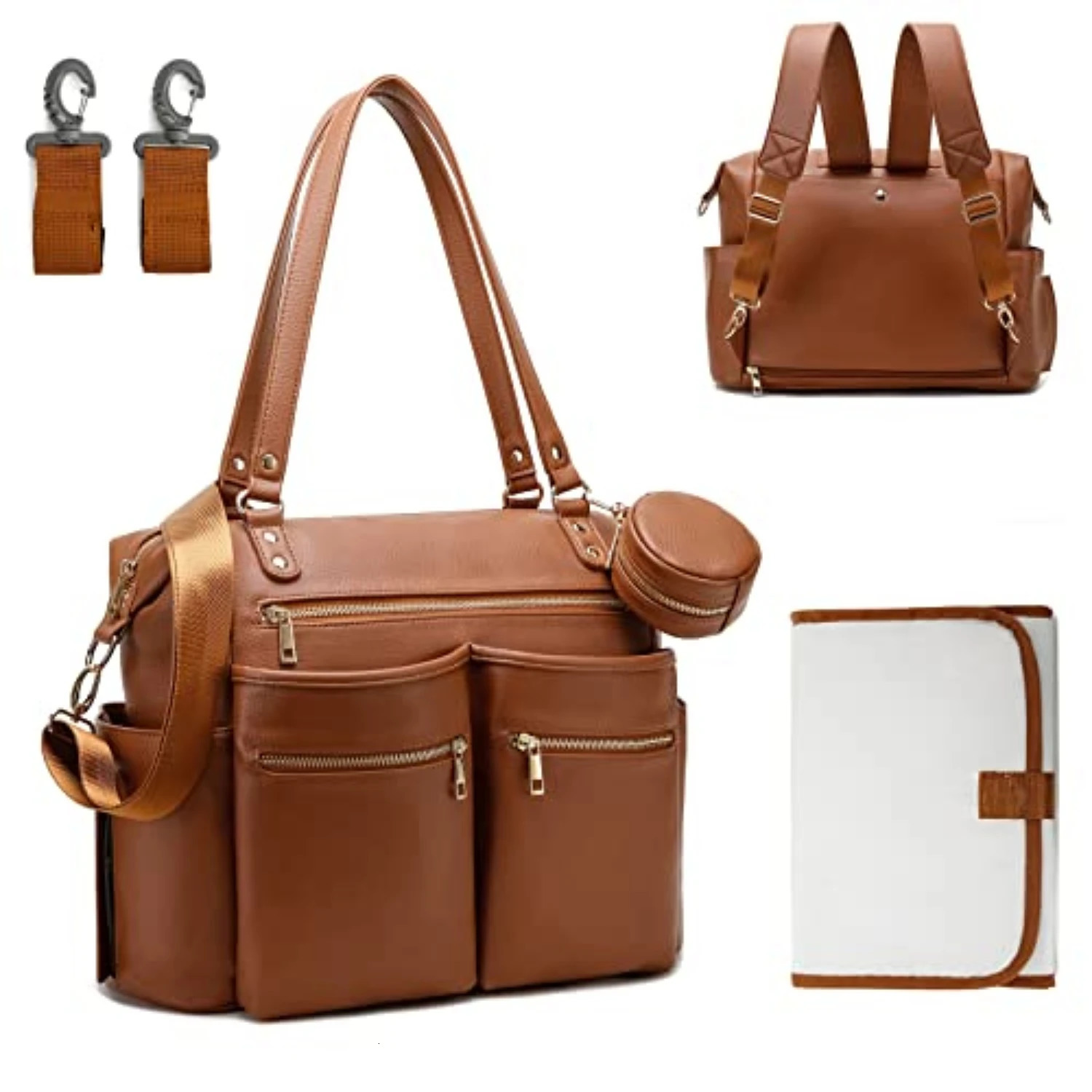 Leather Diaper Bag Tote Backpack for Mommy Dad Baby Nappy Organizer with Changing Station Stroller Straps Pacifier Case Boy Girl 250407