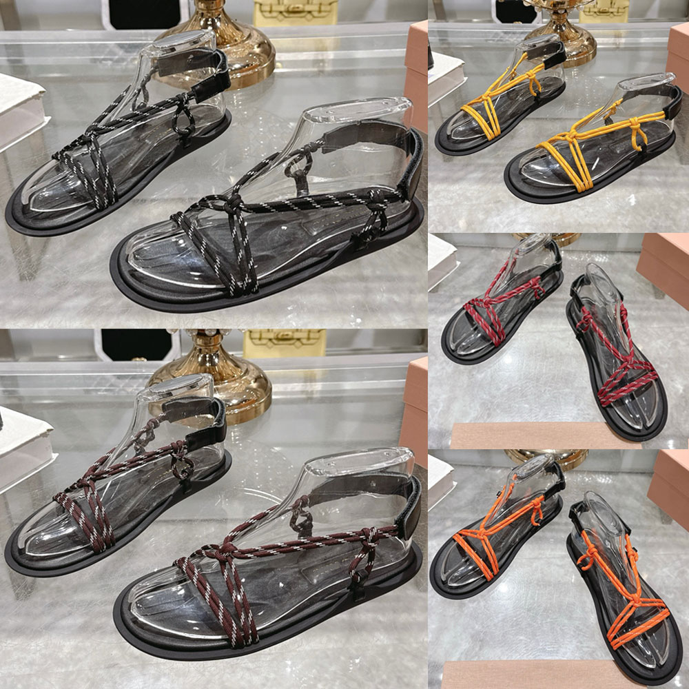 Riviere cord and leather sandals womens designer sandals 5X420E Upper with knot Rubber sole Riviere sandals two tone cord Sporty femininity Summer flat sandals