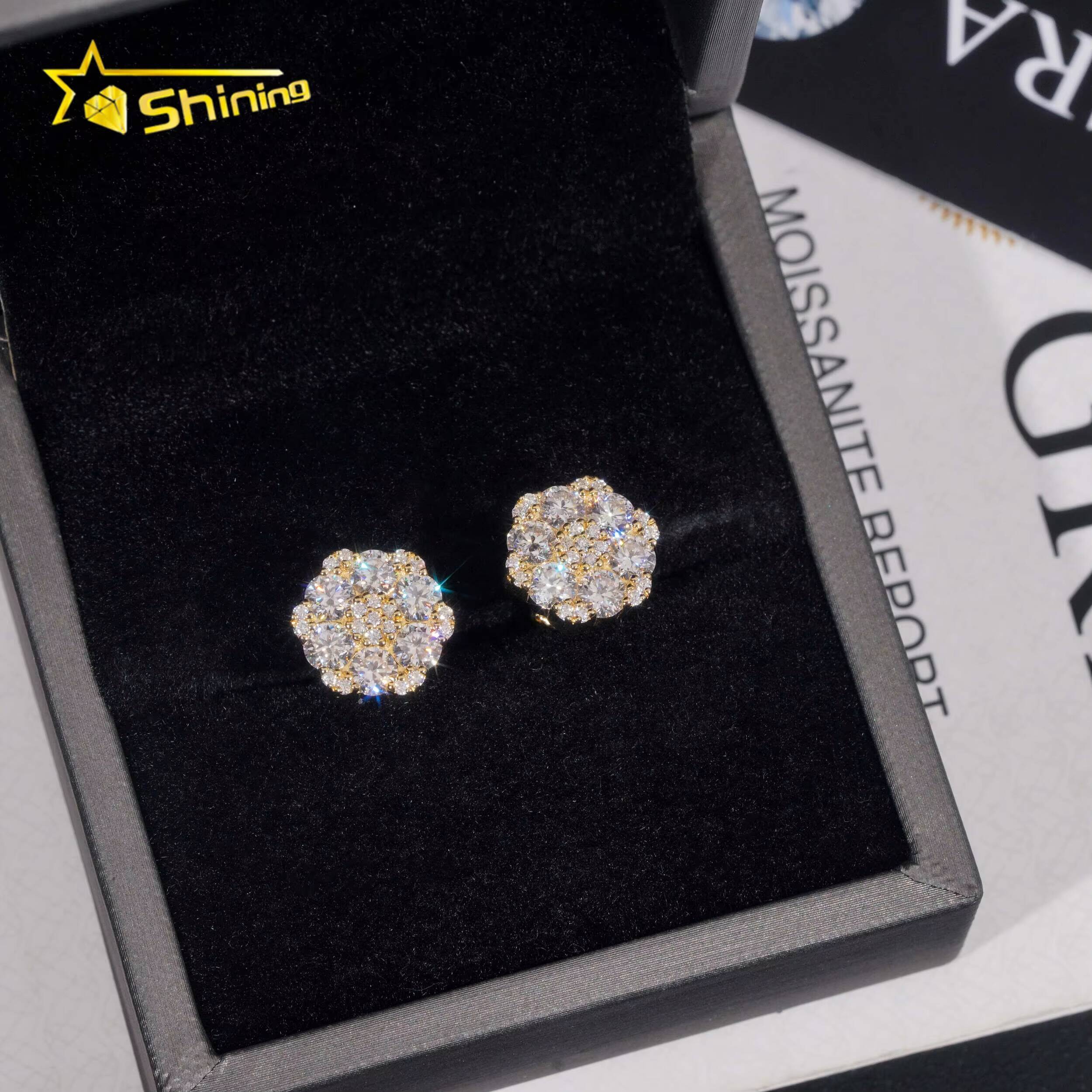 Fine Jewelry Big Luxury Cluster Flower Hip Hop 925 Sterling Diamond Earrings Real HPHT Lab Grown Diamond Earrings 925 Solid Gold Round Cut Studs for W