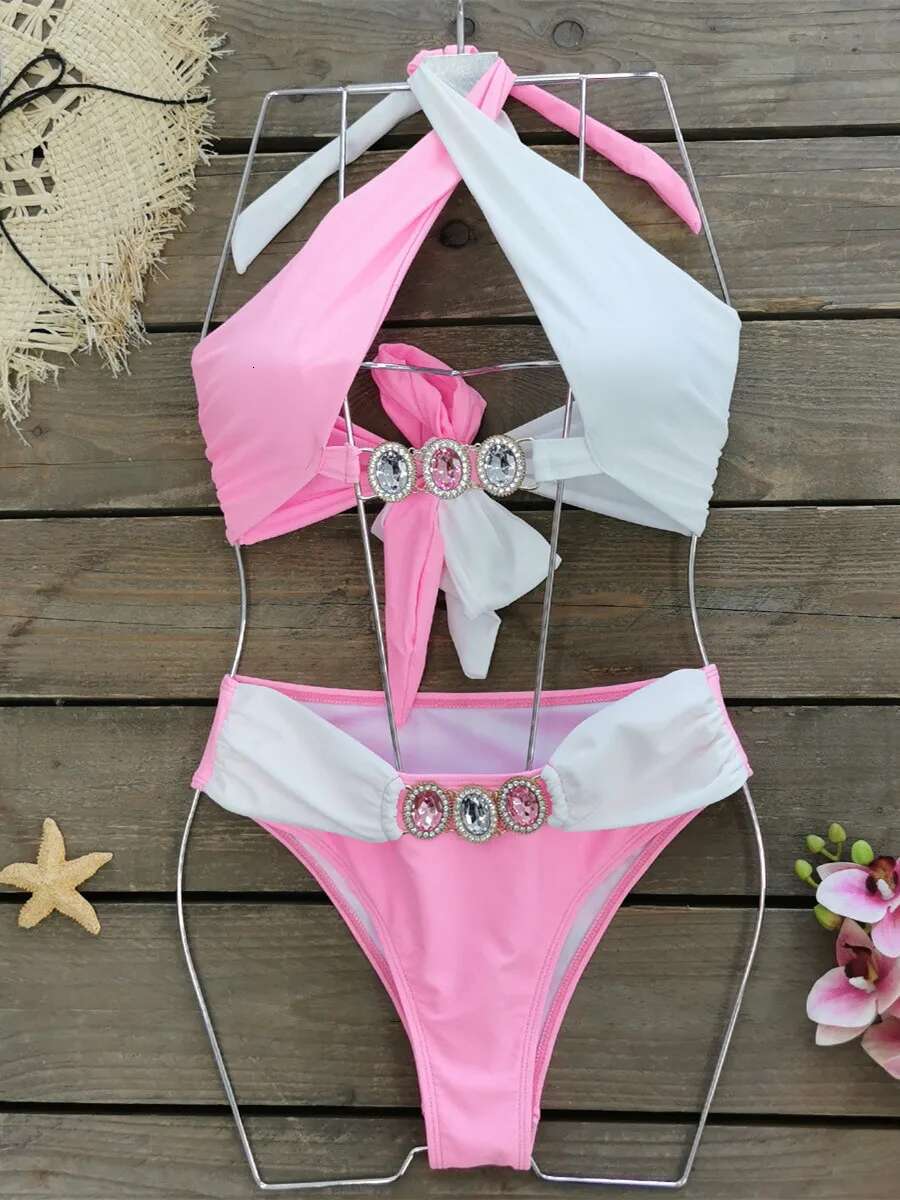 Dongdumaoyi Luxury Rhinestone Bikini Set Women Blue Patchwork Cross Diamond High Waist Swimsuit Beach Bathing Suit Swimwear Biquini